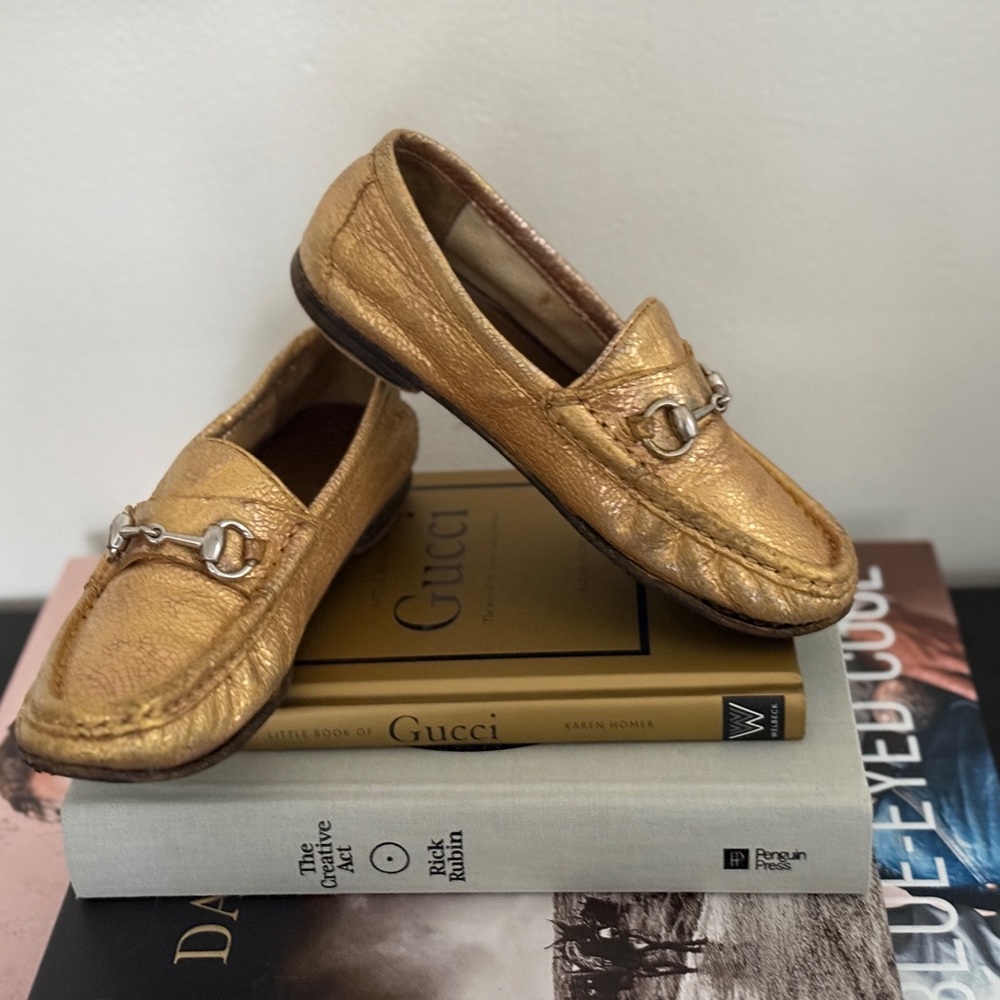 Gucci Gold Loafers with Silver Horse-   Bit Detail